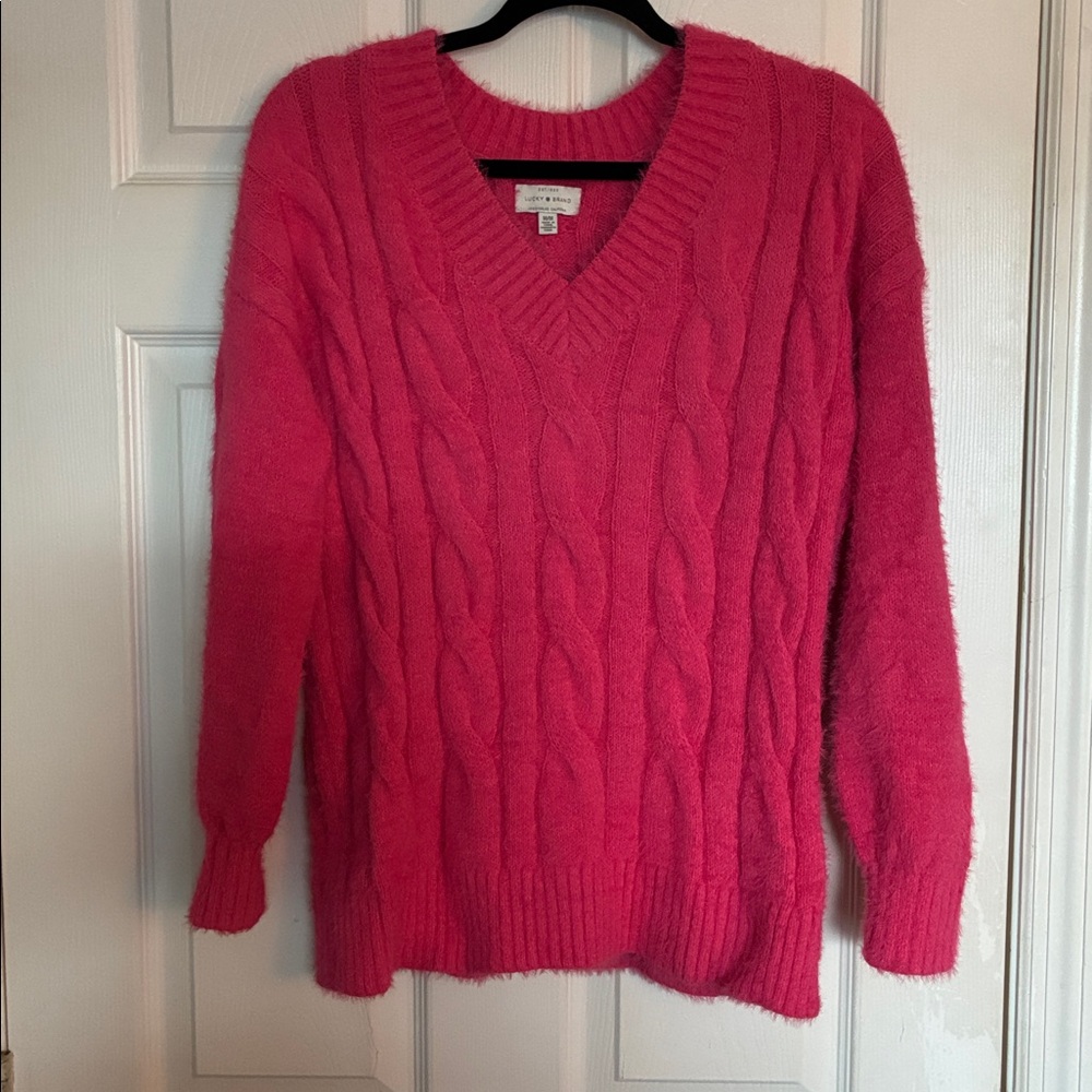 Lucky Brand Pink V-Neck Cable Knit Sweater medium NWOT